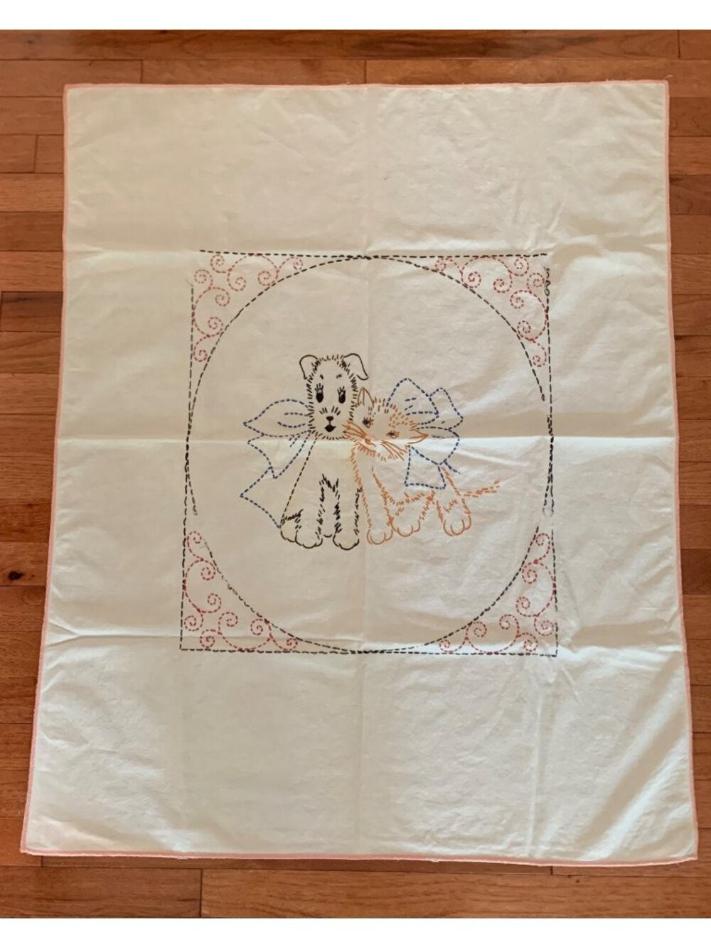 Hand-Embroidered Puppy & Kitten Baby Blanket 41x33" Cotton Cream